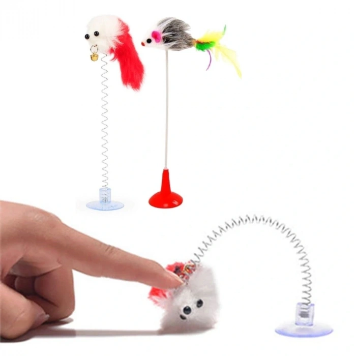 2&apos;li Vantuzlu Fareli Tüylü Hareketli Çanlı ve Esneyen Eğlenceli Peluş Kedi Oyuncağı (5047)
