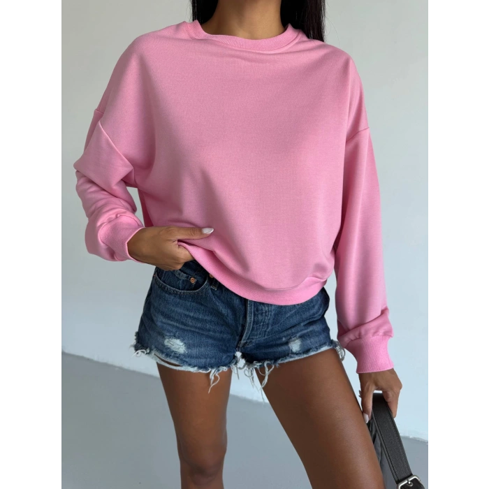 2 iplik bisiklet yaka sweat pembe f2339