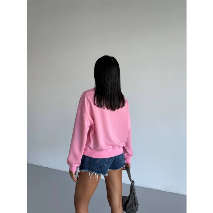 2 iplik bisiklet yaka sweat pembe f2339