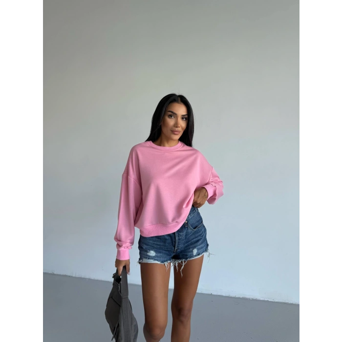 2 iplik bisiklet yaka sweat pembe f2339