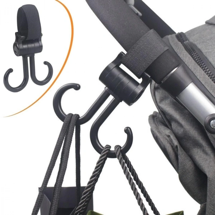 2 Kancalı Askı Bebek Arabasına Uyumlu Cırtlı  Eşya Taşıma Aparatı 360 Derece Dönebilen Plastik Kanca