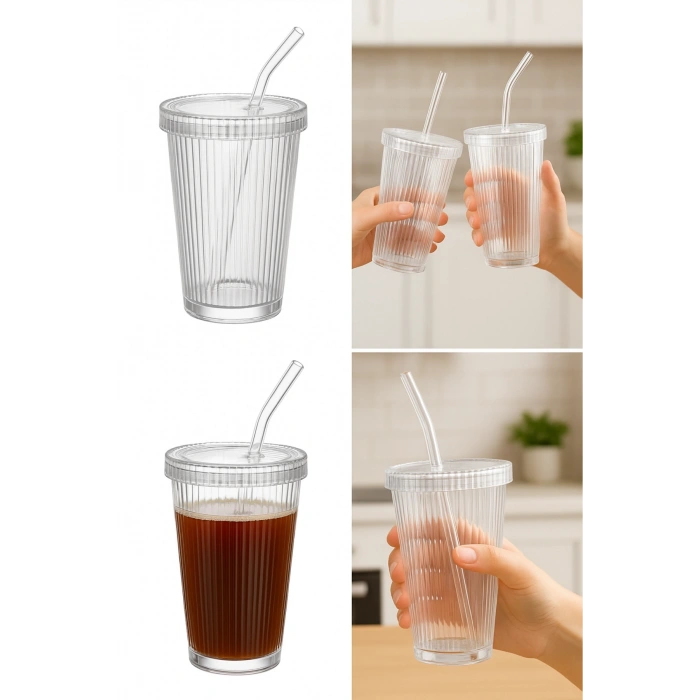 20 Adet Latte Kapaklı Pipetli Kristal Desen Fenomen Bardak Soğuk Kahve, Smoothie, İçecek Bardağı