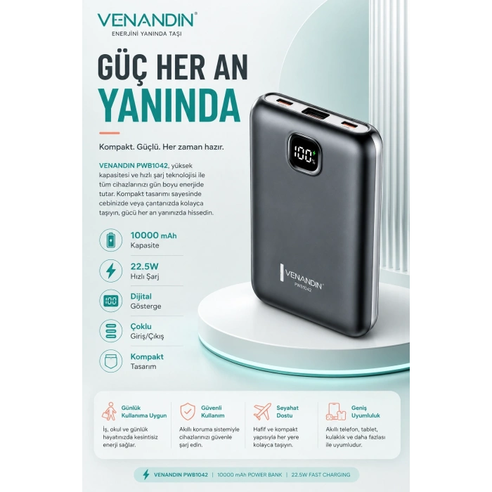 22.5W Hızlı Şarj Özellikli 10000 mAh Kapasiteli Kompakt Powerbank