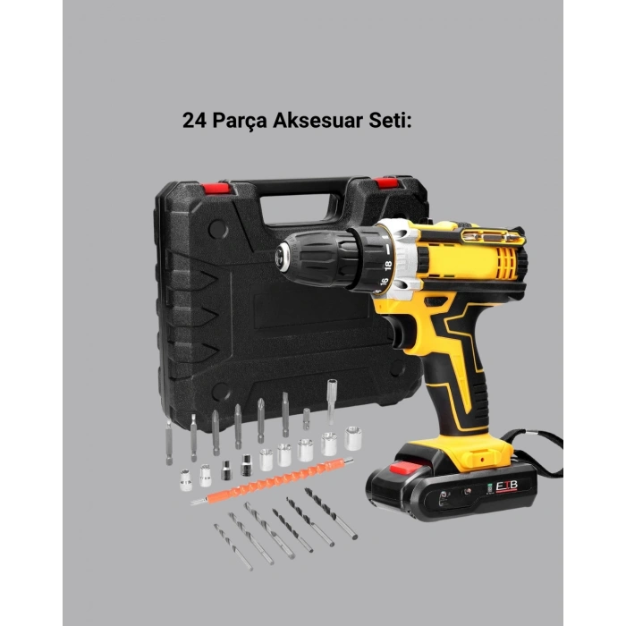 24 Parça Çift Bataryalı Akülü Darbeli Matkap – Güçlü Motor, Metal Dişli, LED Işıklı
