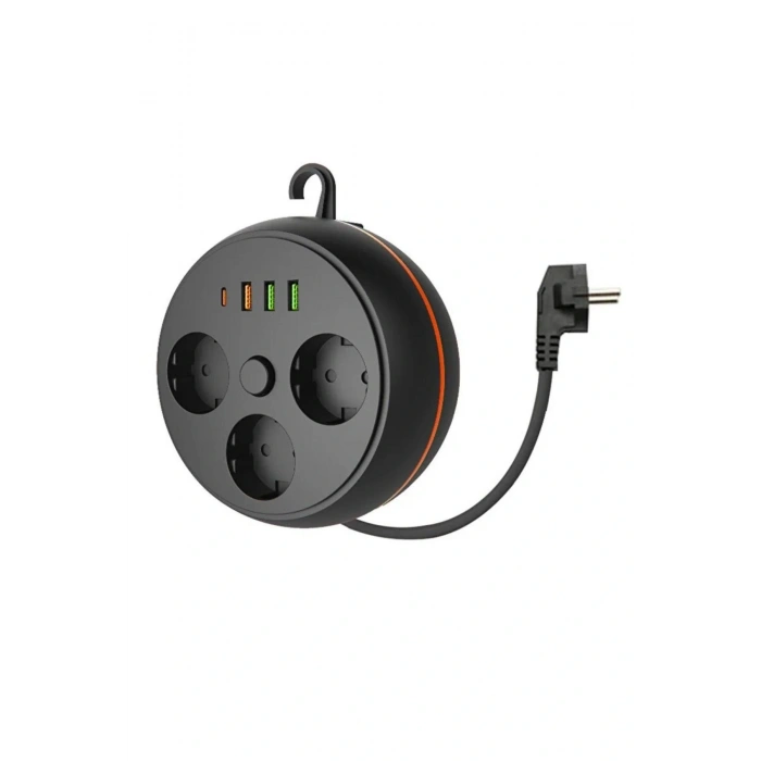 3 Adet Soket,3 Adet USB ve 1 Adet Type-C Girişli Termal Akım Korumalı Makaralı Priz 3395 (5047)