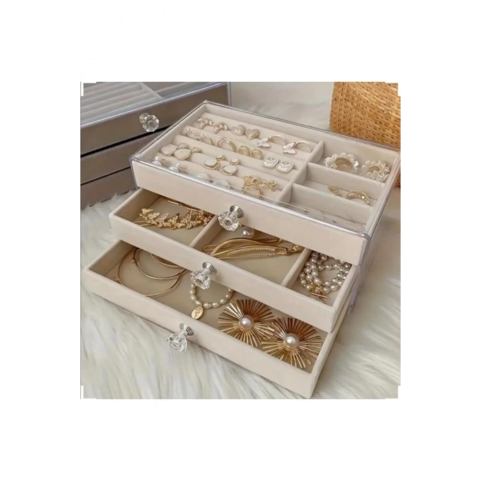 3 Çekmeceli Bölmeli Şeffaf Takı Kutusu | Mücevher Saklama Kutusu Krem Renk Seçeneği