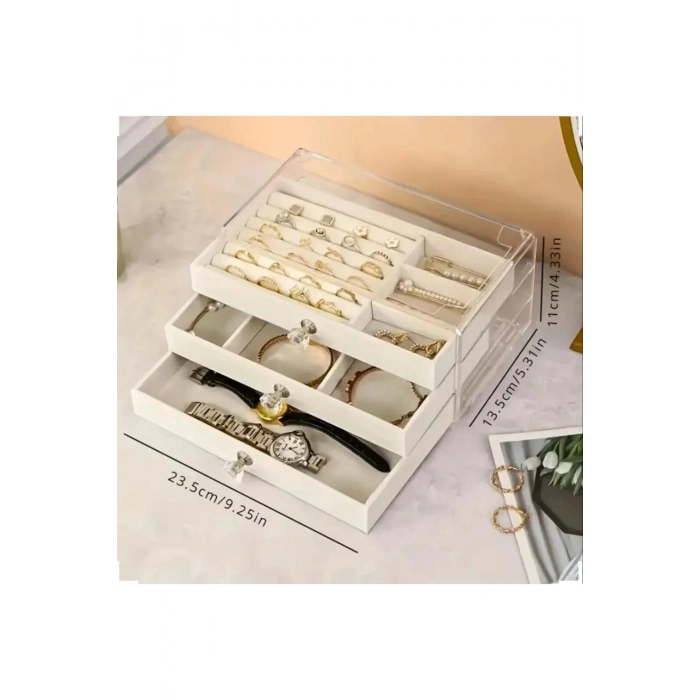 3 Çekmeceli Bölmeli Şeffaf Takı Kutusu | Mücevher Saklama Kutusu Krem Renk Seçeneği