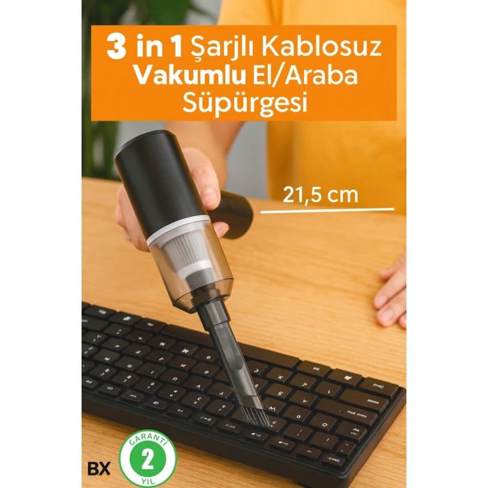 3 in 1 Şarjlı Kablosuz Vakumlu El Süpürgesi Araç, Ev ve Ofis İçin Güçlü Taşınabilir Mini Elektrikli Süpürge