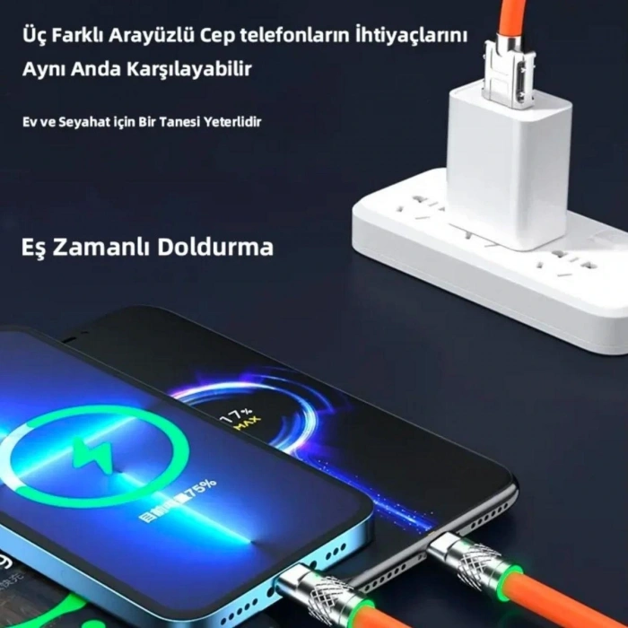 3 in 1 Type-C + Micro Usb + Lightning Hızlı Şarj Kablosu Silikon Kablo 1 Metre Opp Ambalaj (5047)