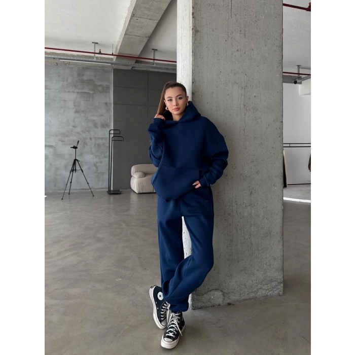 3 iplik şardonlu kapşonlu sweatshirt lacivert p510436