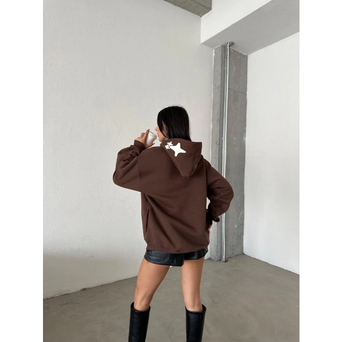 3 iplik şardonlu oversize out of baskılı sweat kahve