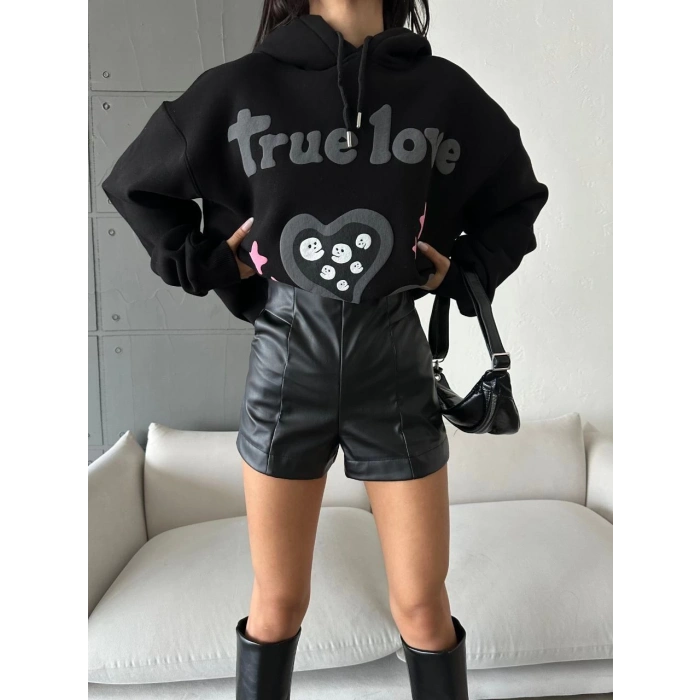 3 iplik şardonlu oversize true baskılı sweat siyah