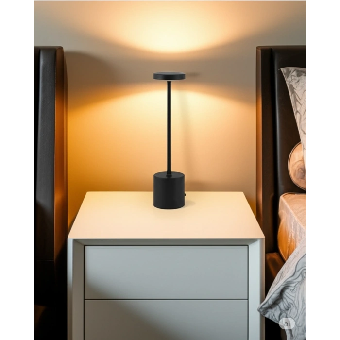 3 Işık Renkli Şarjlı Dim Edilebilir Lüks Masa Lambası Gece Lambası Siyah Renk