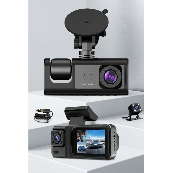 3 Kameralı Dashcam Araç İçi Kamera Ön Arka İç Görüşlü Oto Kamera