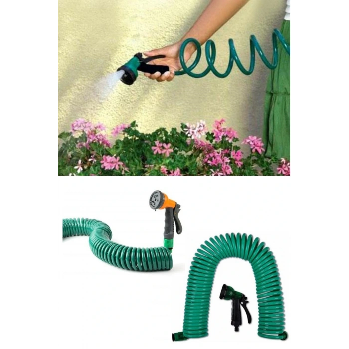 30 Metre Spiral Hortum + 4 Fonksiyonlu Özel Sulama Tabancası (5047)
