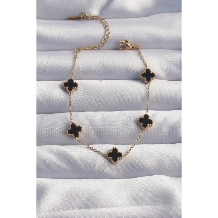 316L Çelik Baby Boy Gold Renk Siyah Mineli Yonca Bileklik