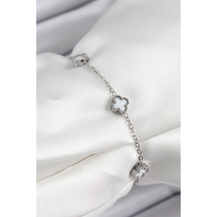 316L Çelik Beyaz Sedef Yonca Model Gümüş Renk Kadın Bileklik