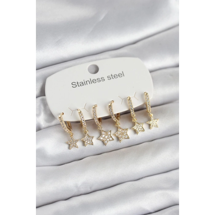 316L Çelik Gold Renk 6lı Set Yıldız Model Kadın Küpe