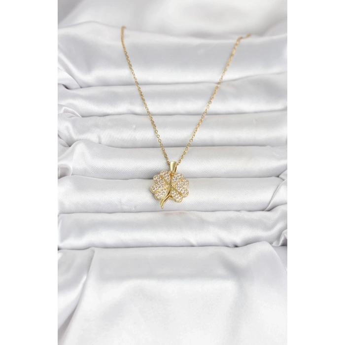 316L Çelik Gold Renk Açılabilir Yonca Model Zirkon Taşlı Kadın Kolye