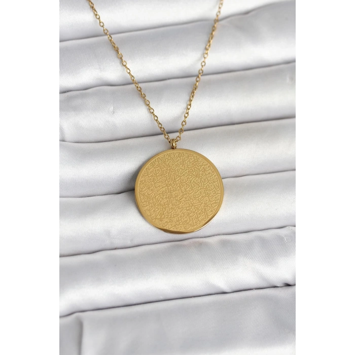 316L Çelik Gold Renk Ayetel Kürsi ve Allah Yazılı Kolye