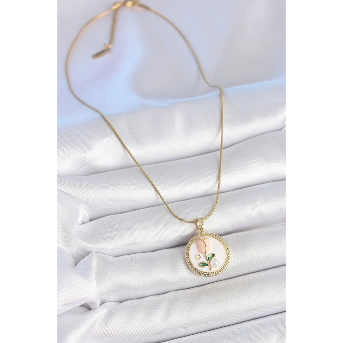 316L Çelik Gold Renk Beyaz Mineli İncili Çiçek İşlemeli Portre Model Kadın Kolye