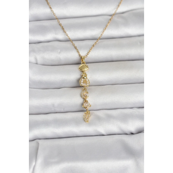 316L Çelik Gold Renk Deniz Temalı Y Model Zirkon Taşlı Kadın Kolye