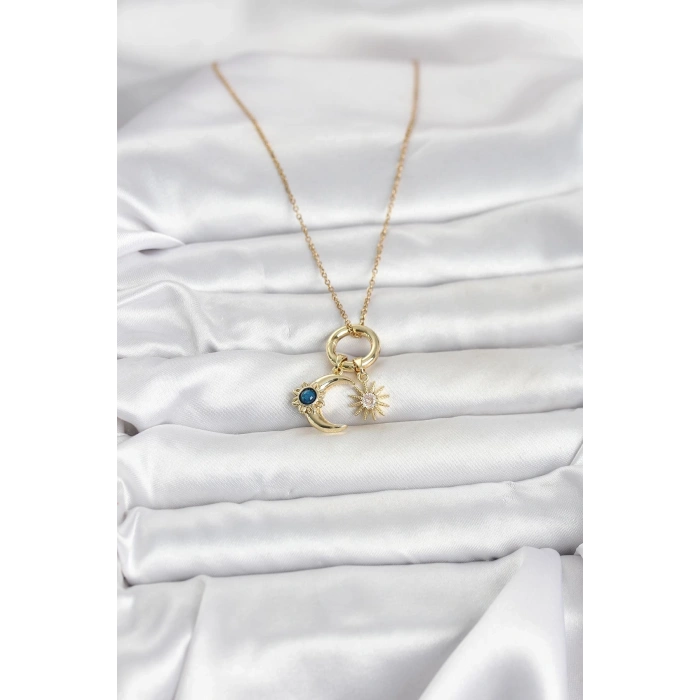 316L Çelik Gold Renk Gece Gündüz Tema Charmlı Kadın Kolye