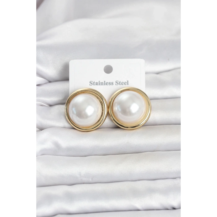 316L Çelik Gold Renk İnci Model Vintage Kadın Küpe