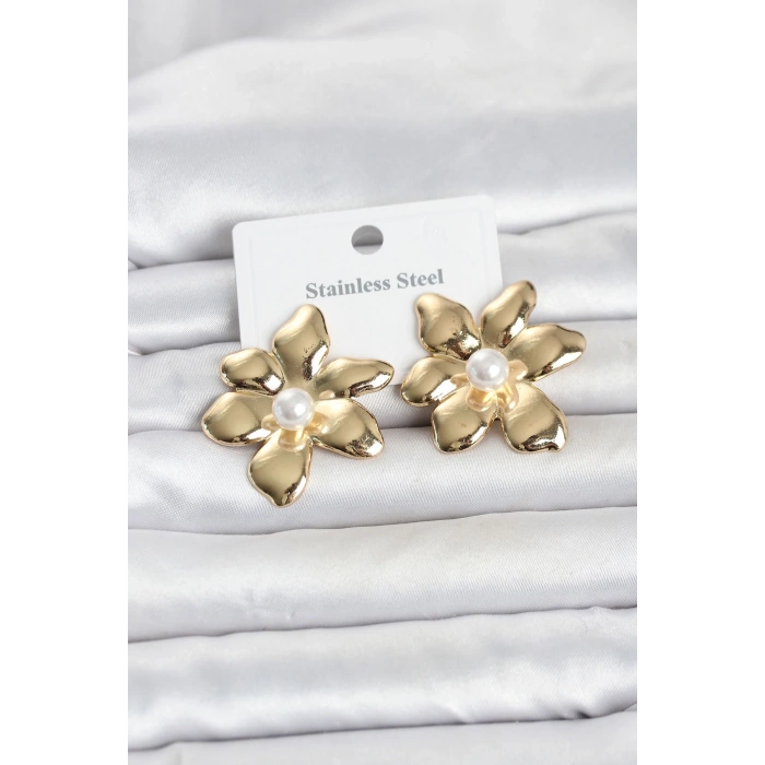 316L Çelik Gold Renk İncili Lotus Model Kadın Küpe