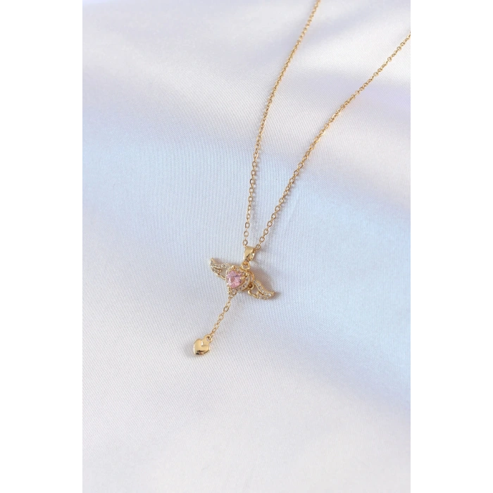 316L Çelik Gold Renk Kanatlı Kalp Model Zirkon Taş Detay Kadın Kolye