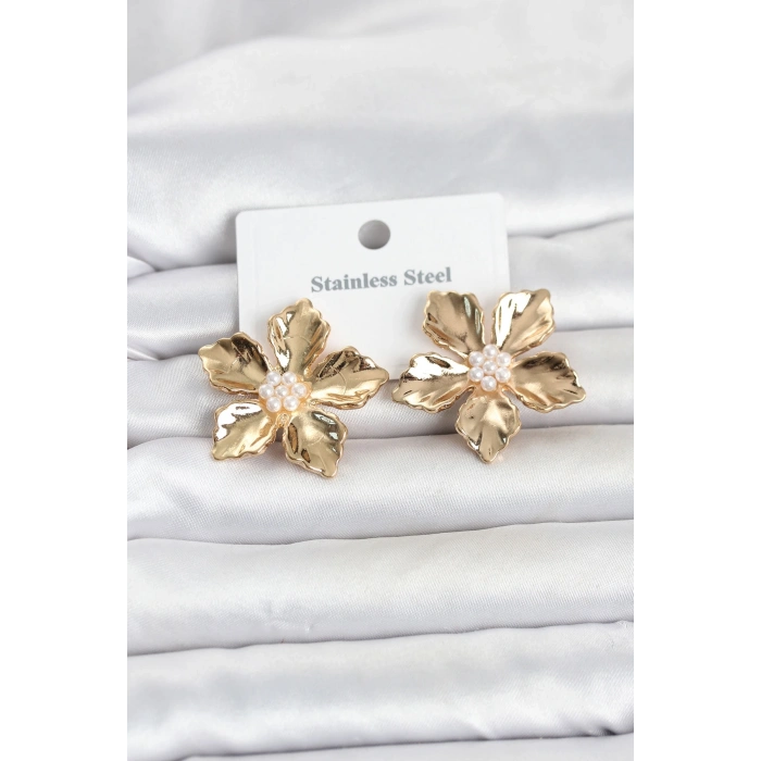 316L Çelik Gold Renk Lotus Çiçek Model Kadın Küpe