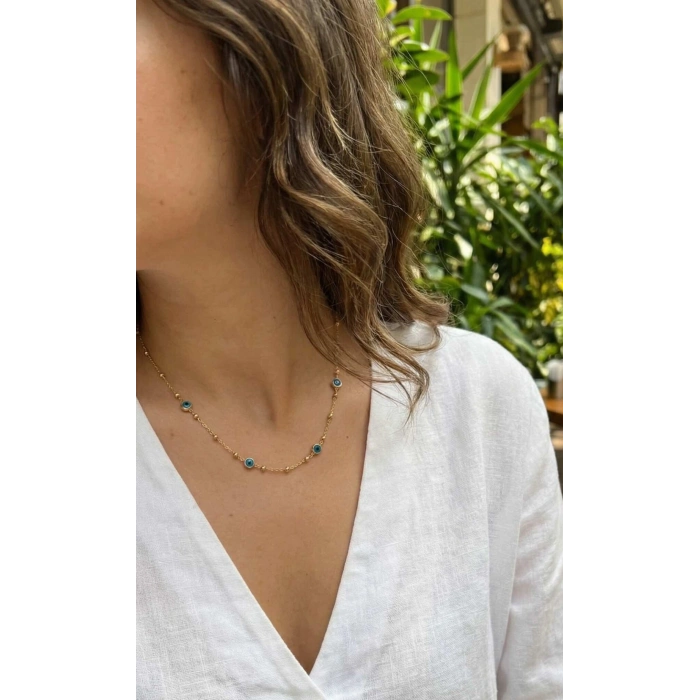 316L Çelik Gold Renk Nazarlı ve Topçuklu Model Kadın Kolye