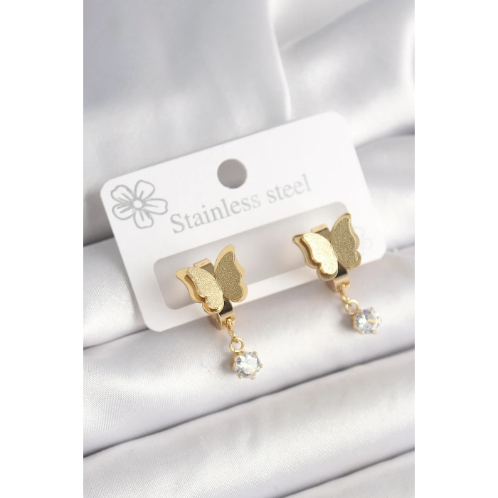 316L Çelik Gold Renk Sallantı Zirkon Taş Detaylı Simli Kelebek Model Kadın Küpe