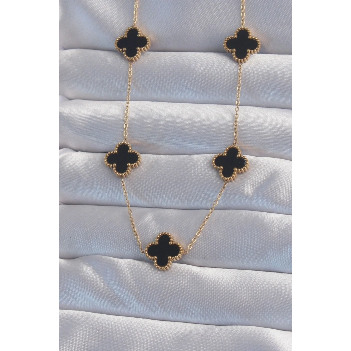 316L Çelik Gold Renk Siyah Mineli Yonca Kolye