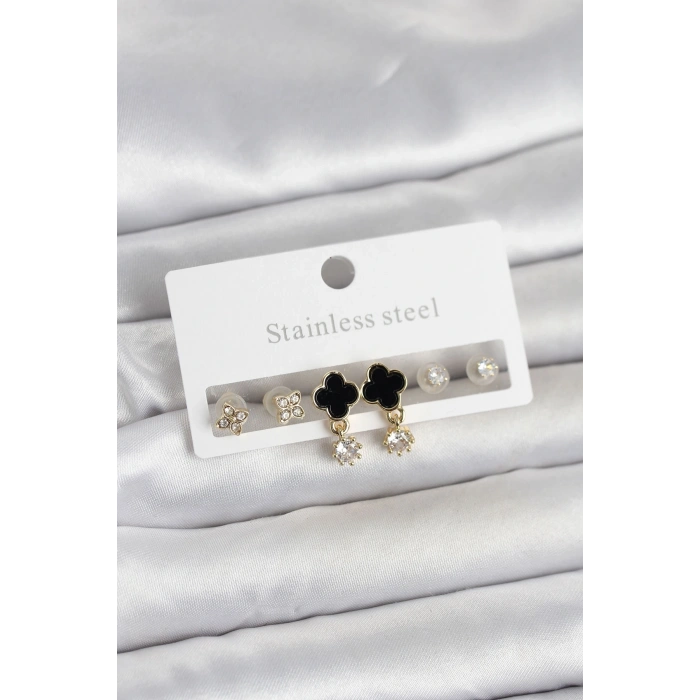 316L Çelik Gold Renk Yonca Detaylı Kadın Küpe Seti