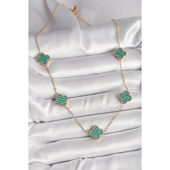 316L Çelik Gold Renk Zincir Yeşil Yonca Model Kadın Kolye