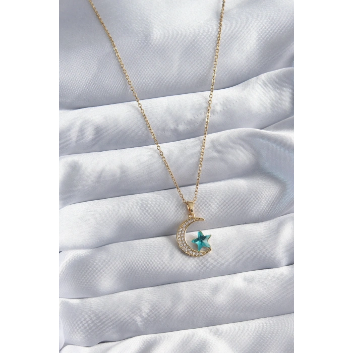 316L Çelik Gold Renk Zincir Zirkon Taş Detay Hilal Yıldızı Figür Kadın Kolye
