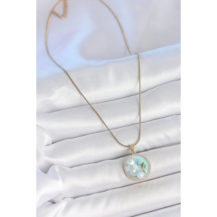 316L Çelik Gold Renk Zincir Zirkon Taş Detaylı Mavi Mineli Çiçek İşlemeli İnci Detay Kadın Kolye