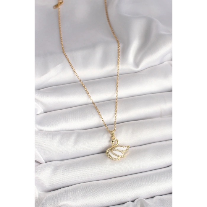 316L Çelik Gold Renk Zincir Zirkon Taşlı Kuğu Model Kadın Kolye