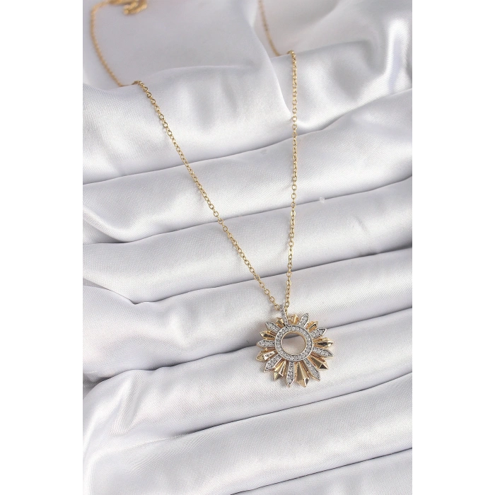 316L Çelik Gold Renk Zincir Zirkon Taşlı Mix Renk Güneş Model Kadın Kolye