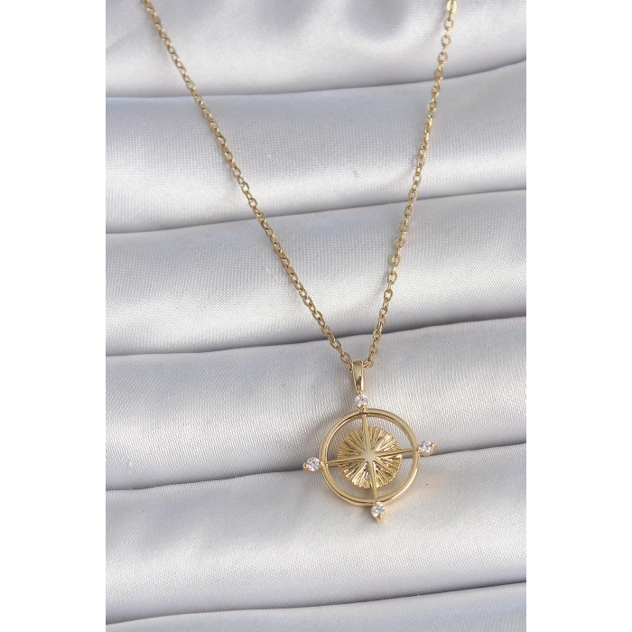 316L Çelik Gold Renk Zincir Zirkon Taşlı Pusula Model Kadın Kolye