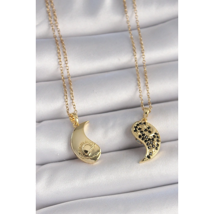 316L Çelik Gold Renk Zincir Zirkon Taşlı Ying Yang Model Gün Batımı İşlemeli Arkadaşlık Kadın Kolye