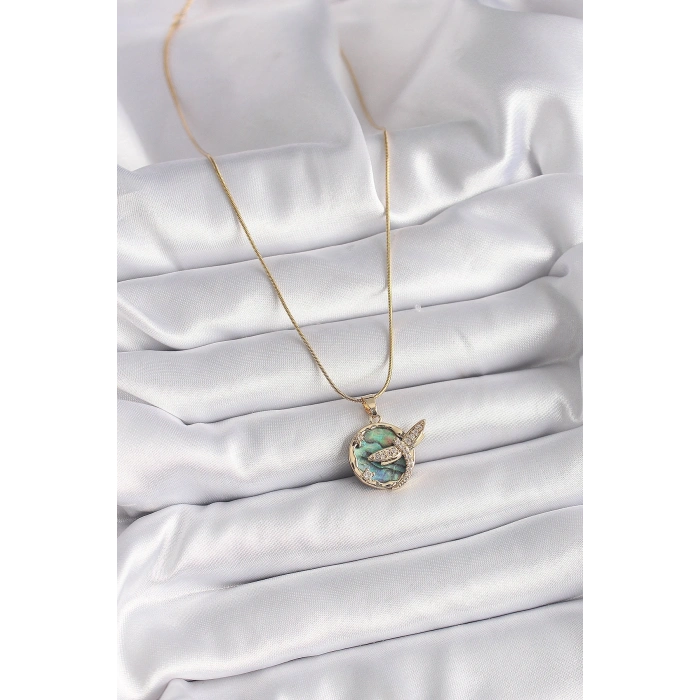 316L Çelik Gold Renk Zincir Zirkon Taşlı Yusufçuk Model Kadın Kolye