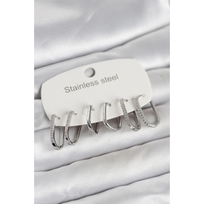 316L Çelik Gümüş Renk 6lı Set Geometrik Model Kadın Küpe