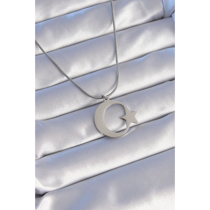 316L Çelik Gümüş Renk Ay Yıldız Model Unisex Kolye