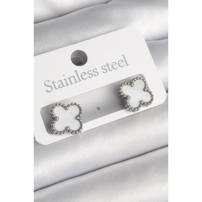 316L Çelik Gümüş Renk Beyaz Yonca Model Kadın Küpe