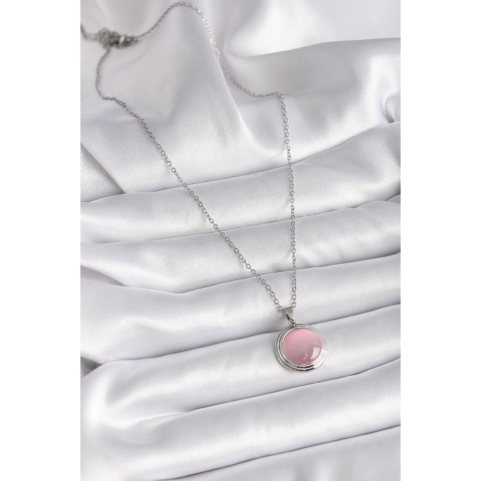 316L Çelik Gümüş Renk Daire Pembe Sedefli Model Kadın Kolye