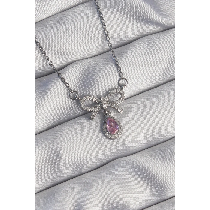316L Çelik Gümüş Renk Fiyonk Detay Pembe Zirkon Taşlı Damla Kolye