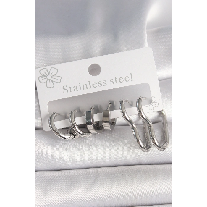 316L Çelik Gümüş Renk Kalp Halka Model Kadın Küpe Seti