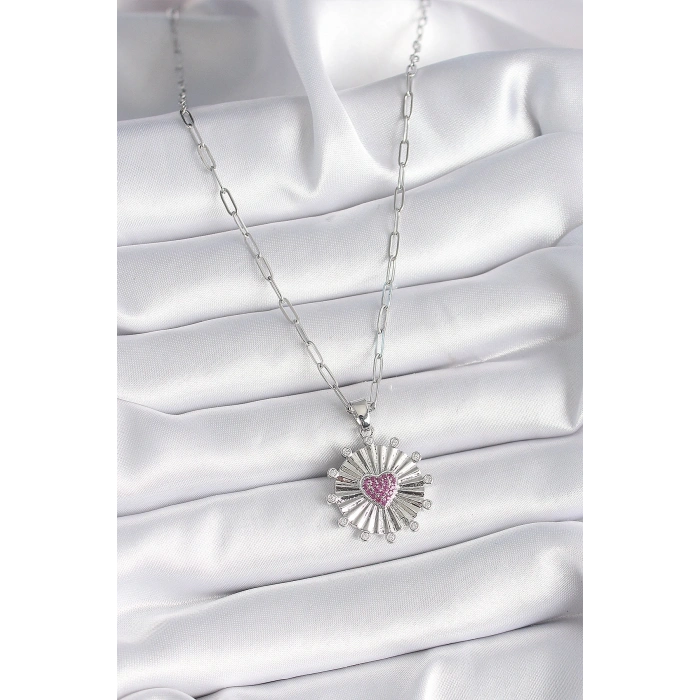 316L Çelik Gümüş Renk Pembe Zirkon Taşlı Kalp İşleme Madalyon Model Kadın Kolye